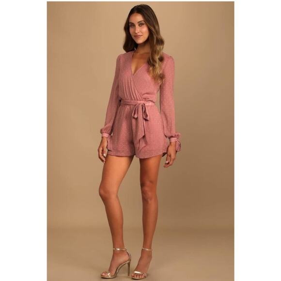 Lulus | Closer Look Dusty Rose Swiss Dot Romper Long Tie Sleeves Pink Medium - Picture 2 of 11